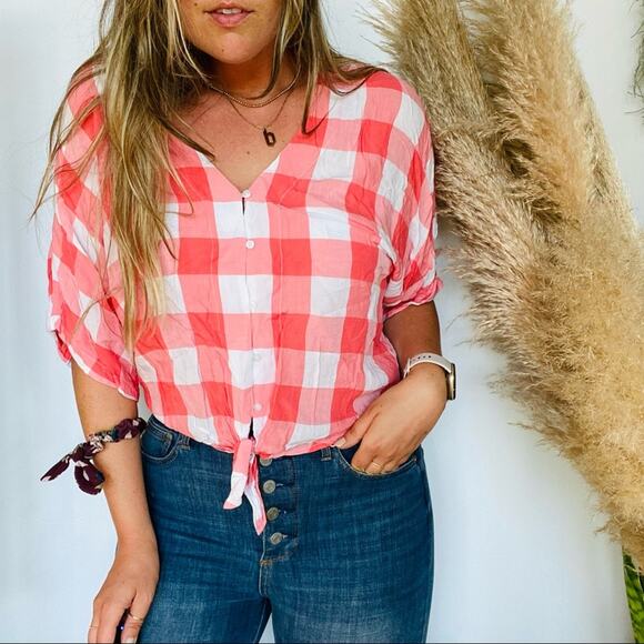 EXPRESS Pink Salmon White Checkered Picnic Button Tie Front Blouse Shirt Top S - Picture 1 of 7
